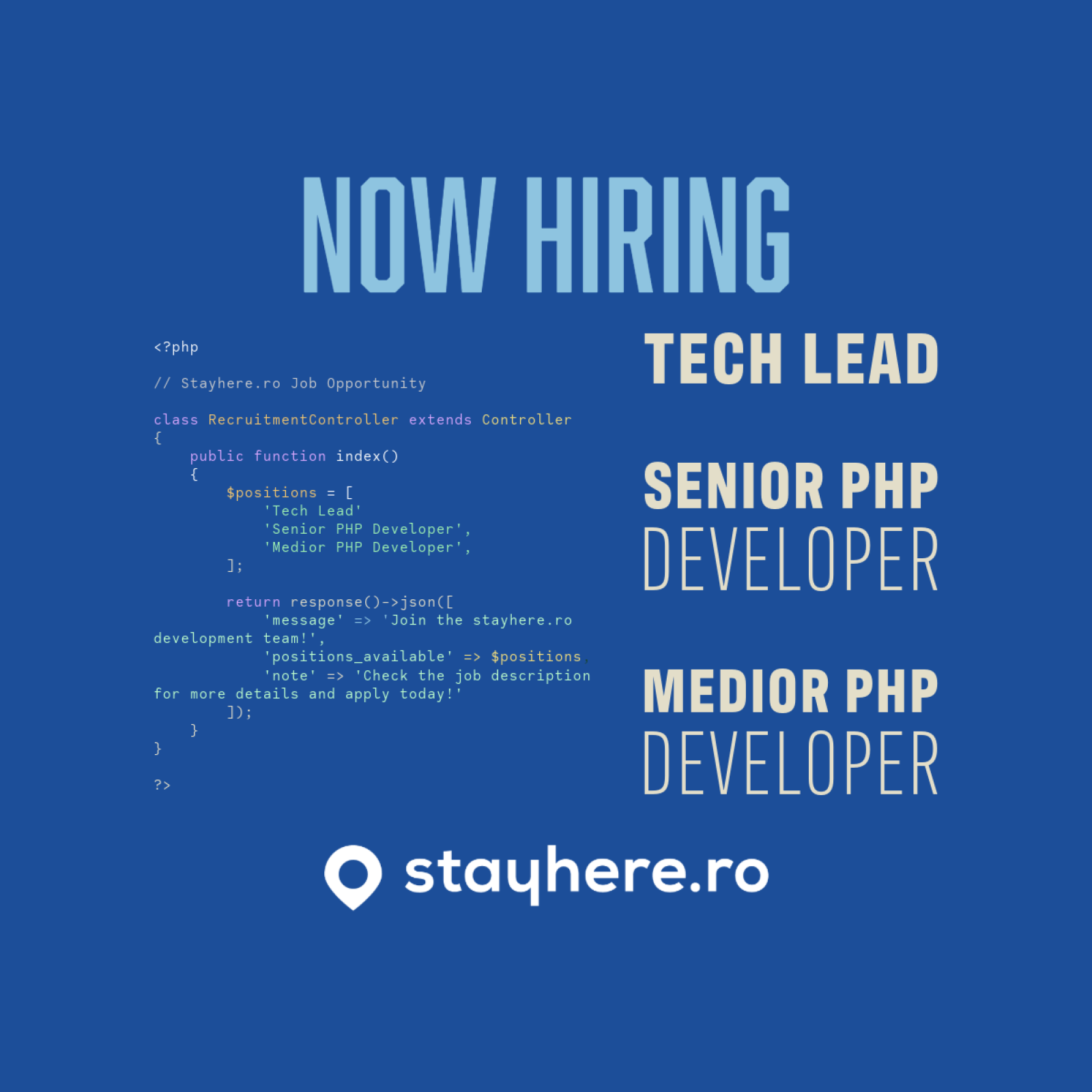Tech Lead și Dezvoltator PHP - pentru platforma de rezervări stayhere.ro